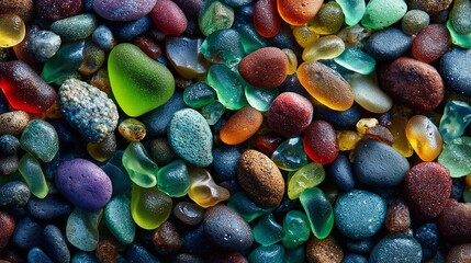 Vibrant mosaic of colorful sea glass and smooth pebbles creates a stunning natural texture, perfect for artistic backgrounds and design projects