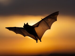 Single bat flying across a vibrant orange sunset sky, wildlife silhouette against colorful clouds