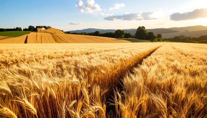 Golden wheat field under sunny sky, leading to rolling hills in the distance