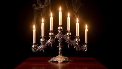 Gothic candlestick holder with lit dripping candles and intricate skull embellishments, dark romantic aesthetic on black background