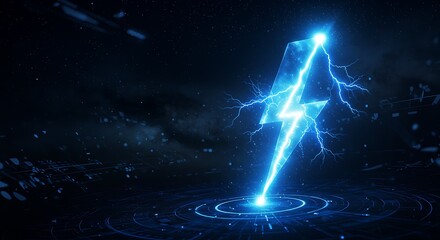 Futuristic blue lightning bolt icon striking digital ground with energy sparks, representing high voltage power and technology concept