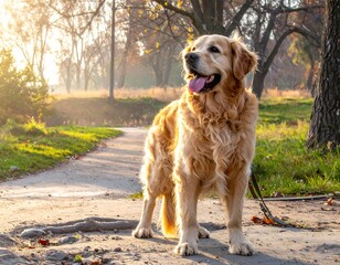 Golden Retriever in park at sunrise
