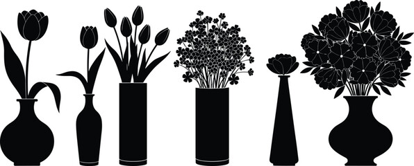 Set of flower bouquets in vases, floral silhouette collection, black, plants, various styles, home decor, isolated on white, vector illustration.