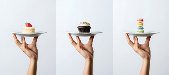Hand presenting an assortment of different desserts on plates, including cake, macarons, cupcake
