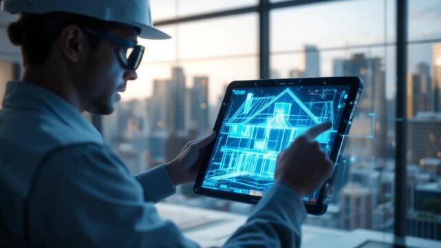 An architect designs a building blueprint using futuristic holograms from a tablet. Ideal for advanced architecture, virtual reality design, and property technology themes. 4k video