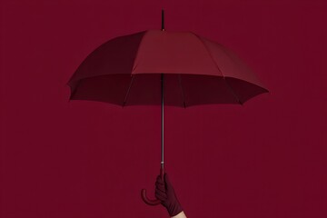 Hand in burgundy leather glove holding a matching closed umbrella, minimalist monochrome composition on deep burgundy background