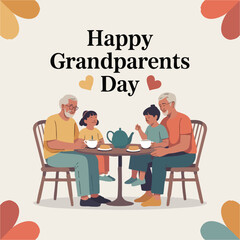 Fototapeta premium Happy Grandparents Day vector with grandparents and grandchildren in cozy home and outdoor scenes, minimal flat solid color design, ideal for cards, banners, and social media.