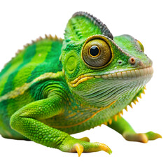 Obraz premium Close up of a vibrant green chameleon with yellow accents on a black background reptile lizard