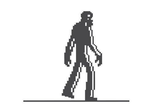 Pixelated zombie strides slowly forward, conveying eerie retro atmosphere against plain backdrop