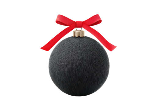 Elegant black christmas ornament with red bow isolated on black background, cut out