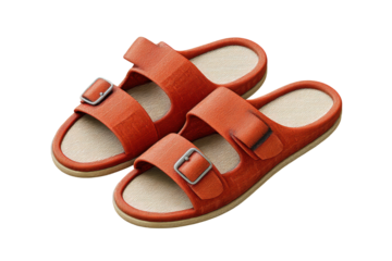 Pair of casual orange sandals with buckles on black background, cut out