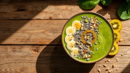 superfood banana kiwi green smoothie bowl vegan chia seeds spinach bowl healthy breakfast clean eating
