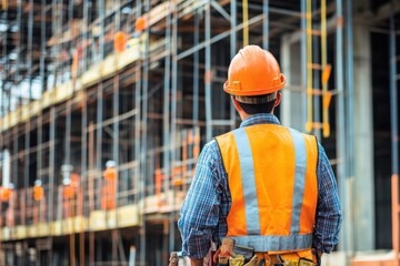 Construction worker observes building site activity during a busy day