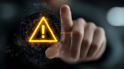 System warning alert on virtual interface with hand interaction. Concept of cybersecurity risk, data breach, malware, hacking, IT failure, and digital system vulnerability in modern technology.