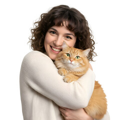 Happy Woman Embracing Fluffy Orange Cat Isolated on Transparent Background