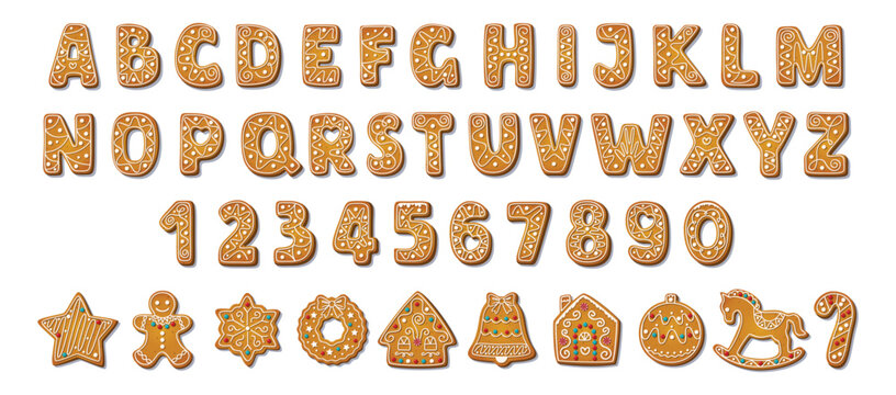Gingerbread alphabet font and numbers. Winter homemade sweet cookies in festive shapes. Biscuit letters for xmas holiday message. Cute cartoon Vector illustration isolated on white background