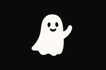 black background with one cute white ghost silhouette waving, flat minimal design