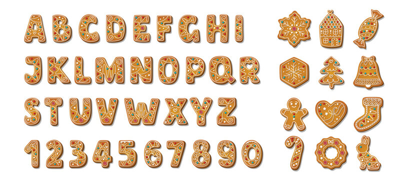 Gingerbread alphabet font and numbers. Winter homemade sweet cookies in festive shapes. Biscuit british letters for xmas holiday message. Cartoon vector illustration isolated on white background
