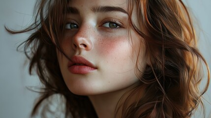 Naklejka premium Close-up portrait of a young woman with natural beauty.
