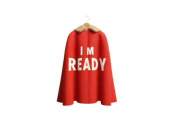 Red cape with "i am ready" text on hanger, cut out