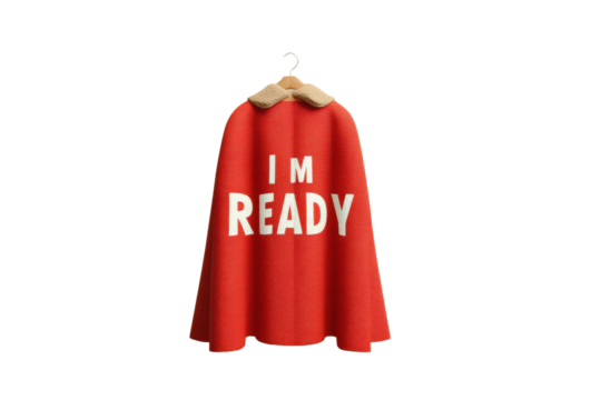Red cape with "i am ready" text on hanger, cut out