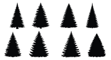 Fototapeta premium Collection of eight black silhouette evergreen trees with jagged edges suitable for various design projects.