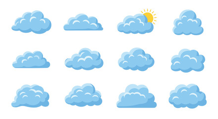 Collection of various fluffy blue clouds in different shapes and sizes on a white background.