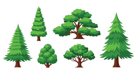A collection of beautiful green trees with brown trunks against a white background.