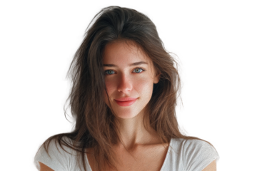 Young caucasian female smiling with long brown hair and blue eyes, cut out