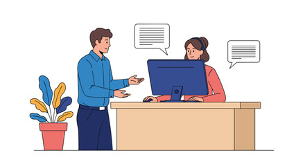 Two colleagues discuss a project while one works at a computer.