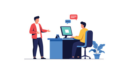Two colleagues collaborate on a project discussing ideas at a desk with a computer.