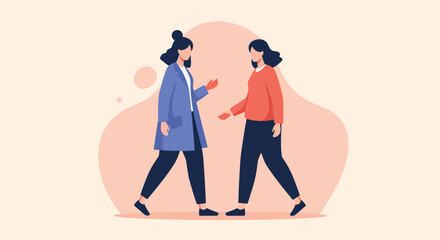 Two women walk towards each other in conversation and dialogue.