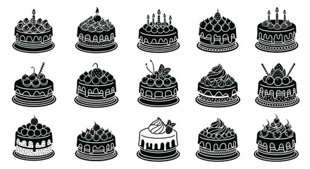 A collection of intricate pixel art cakes showcasing diverse decorative elements.