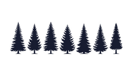 A row of seven dark green pine trees in varying sizes and shapes.