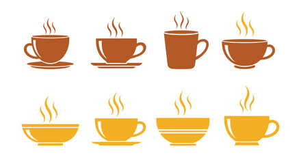 A collection of steaming hot beverages served in various cups and mugs.