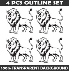 Obraz premium Set of Lion Roaring Outline vector illustration isolated On Transparent Background
