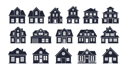 Collection of various silhouette residential house architectural designs and building styles.