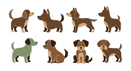 A collection of cute cartoon dogs in various poses and colors.