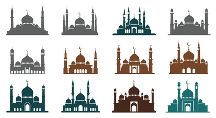 A collection of twelve diverse silhouette mosque designs showcasing varied architectural styles and intricate details.