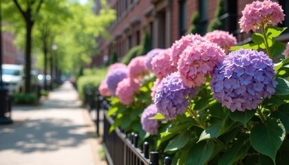 Obraz premium Pink, purple hydrangeas bloom alongside city sidewalk, sunny summer day. Blossoms line path in residential area, creating beautiful urban streetscape. Green foliage, blooming nature brings vibrant
