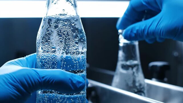 Factory worker in blue protective gloves inspecting the quality of a sparkling beverage in a glass bottle on a modern production line