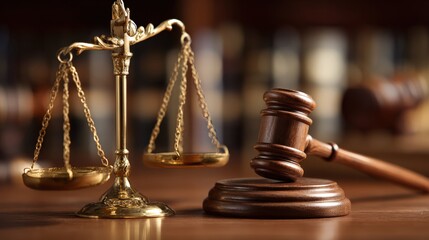 Ornate golden scales of justice balance with a brown wooden gavel, signifying impartial judgment and legal proceedings.
