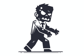 Scarred monochrome zombie character walks menacingly with arms outstretched, dressed in tattered business attire