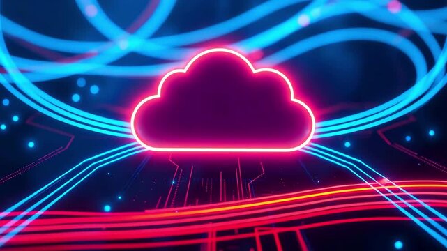 A neon 3D cloud icon in a dark space surrounded by light beams and digital elements. Cloud storage, cyber-futuristic style, modern technology