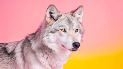 Obraz premium Close up portrait of a majestic gray wolf with piercing yellow eyes against a vibrant pink and yellow gradient background isolated on transparent background