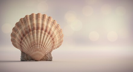 Obraz premium Elegant Scallop Shell Displayed Against a Bokeh Light Background