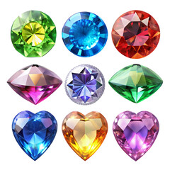 Collection of nine colorful faceted gemstones in various shapes and cuts jewel precious stone