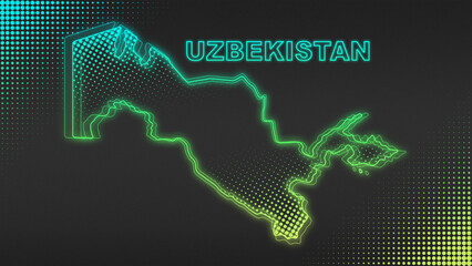 Neon Blue-Yellow Uzbekistan Map Outline Futuristic Glow Halftone Illustration