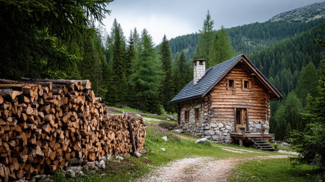 A charming log cabin nestled amongst towering pines, with a stack of firewood adding to the rustic charm.