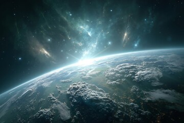 A view of the earth from space with stars and nebulas in the background